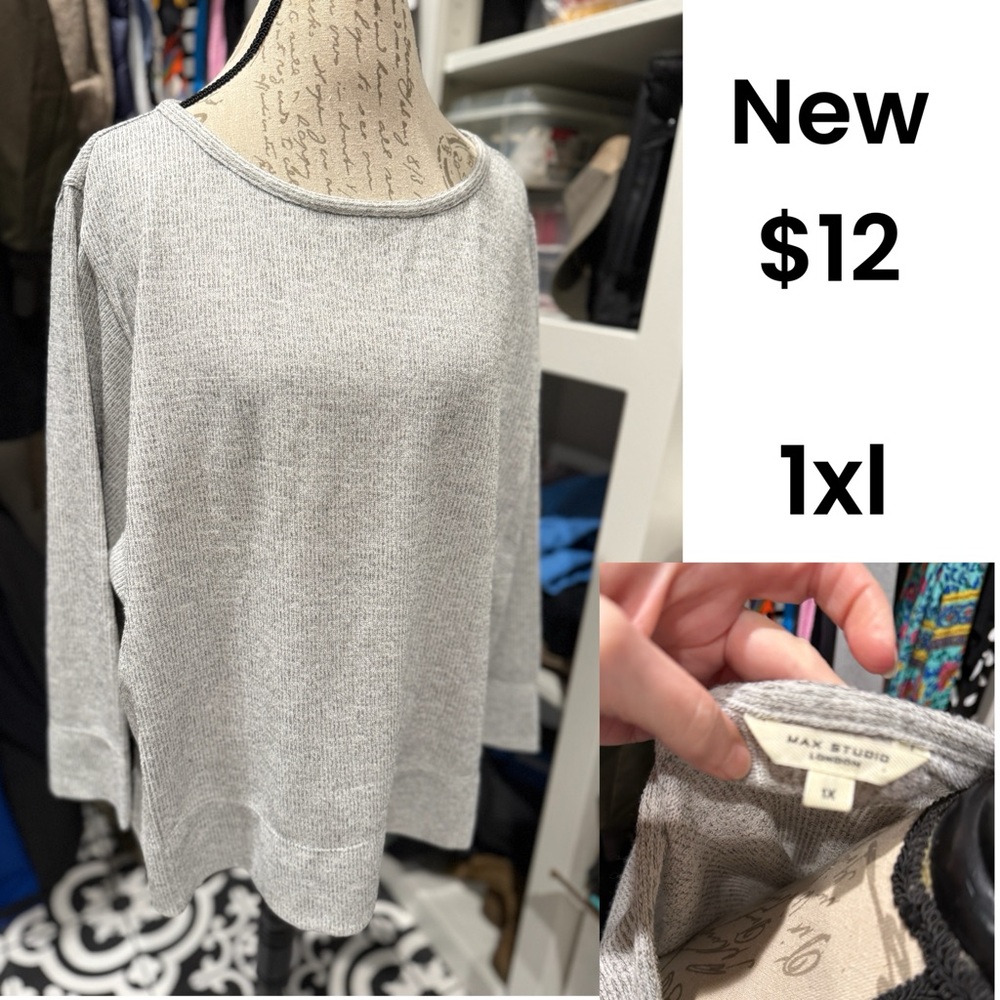 Max Studio Light Gray Scoop Neck Knit Sweater